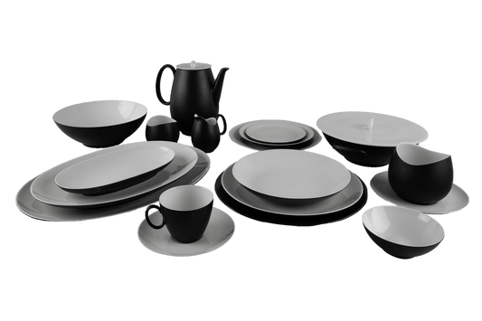 82-piece Rosenthal "Charcoal" china set designed by Raymond Loewy, eggshell black with contrasting glaze from 1950s-60s.