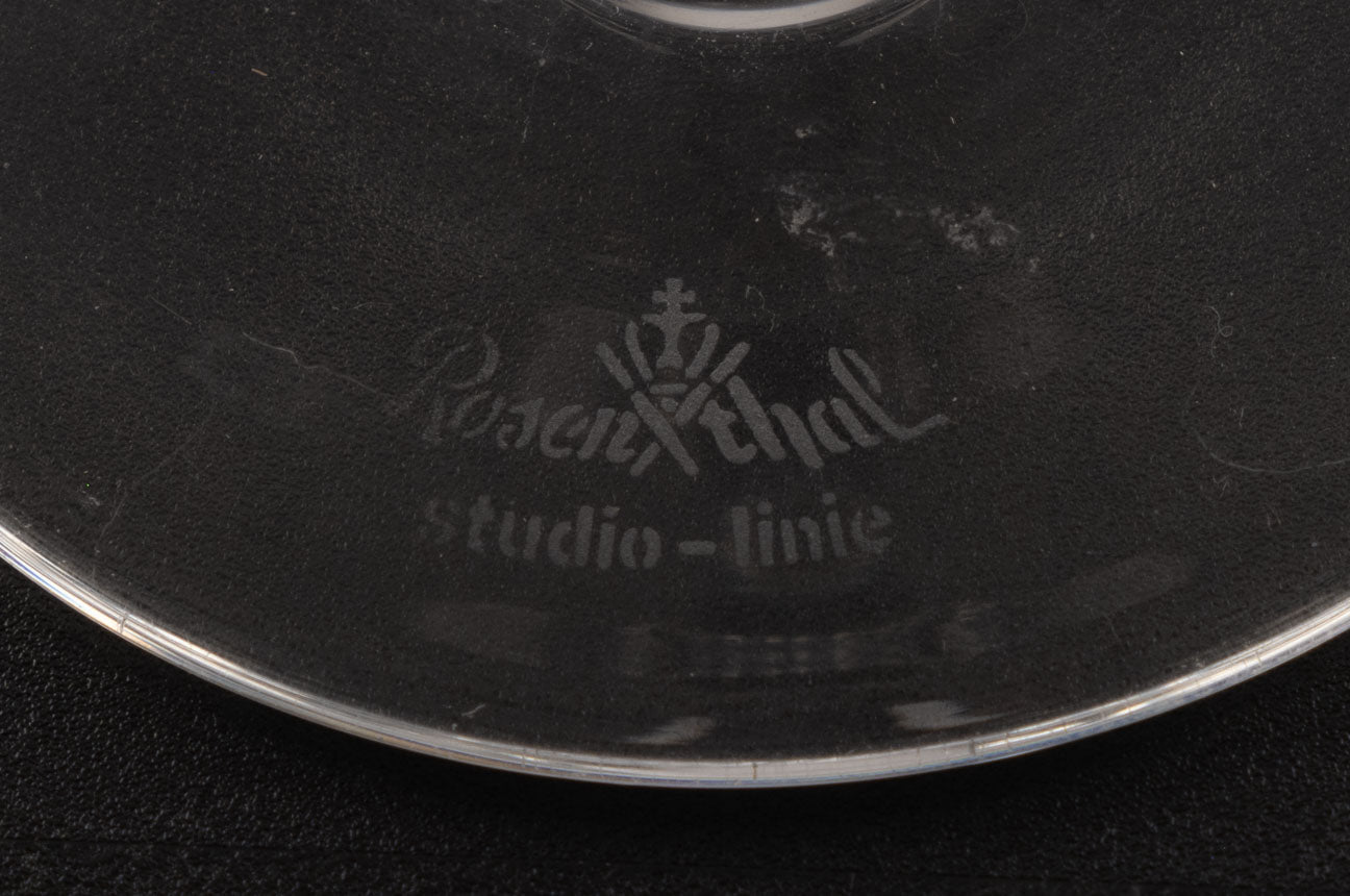 Close-up of Rosenthal Studio-Line etched mark on the base of a clear crystal stemware glass from 1960s.