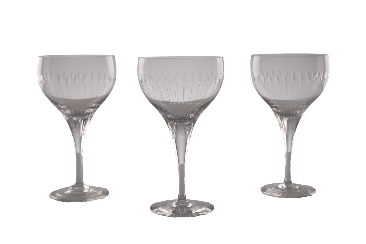 Set of 3 Rosenthal Lotus Cut crystal stemware from 1963-1965 with faceted oval lotus petal design from Germany.