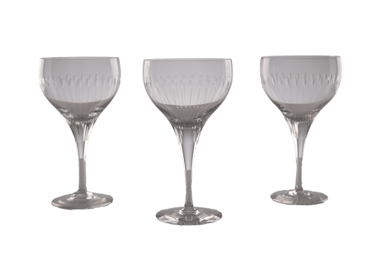 Set of 3 Rosenthal Lotus Cut crystal stemware from 1963-1965 with faceted oval lotus petal design from Germany.