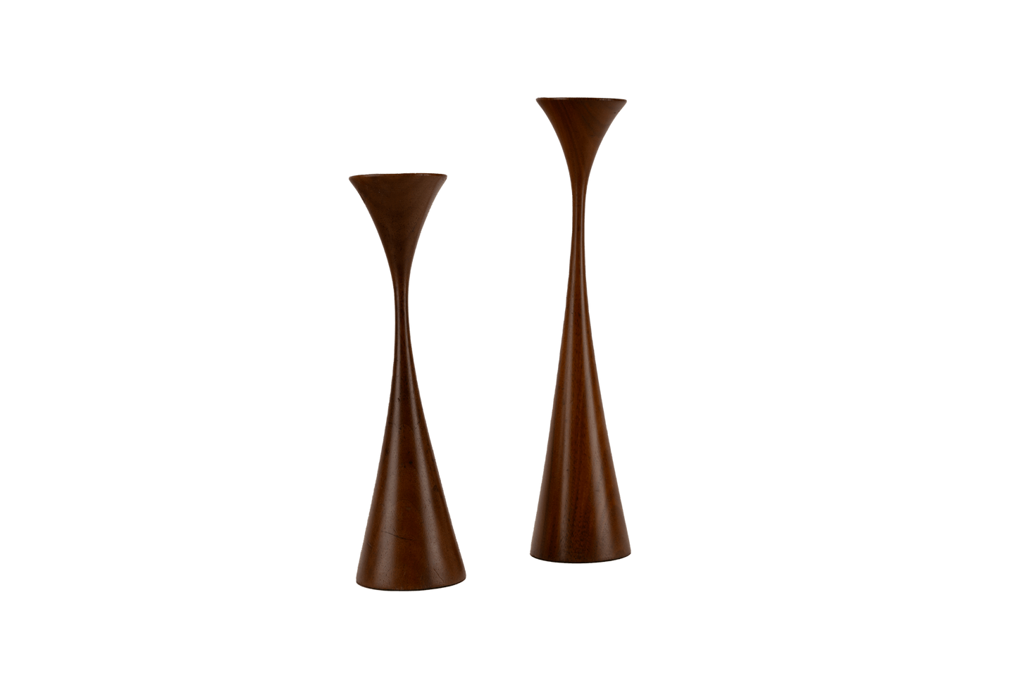 Pair of Rude Osolnik wooden candlestick holders with clinched design, crafted through woodturning in the USA.