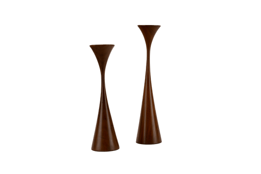 Pair of Rude Osolnik wooden candlestick holders with clinched design, crafted through woodturning in the USA.
