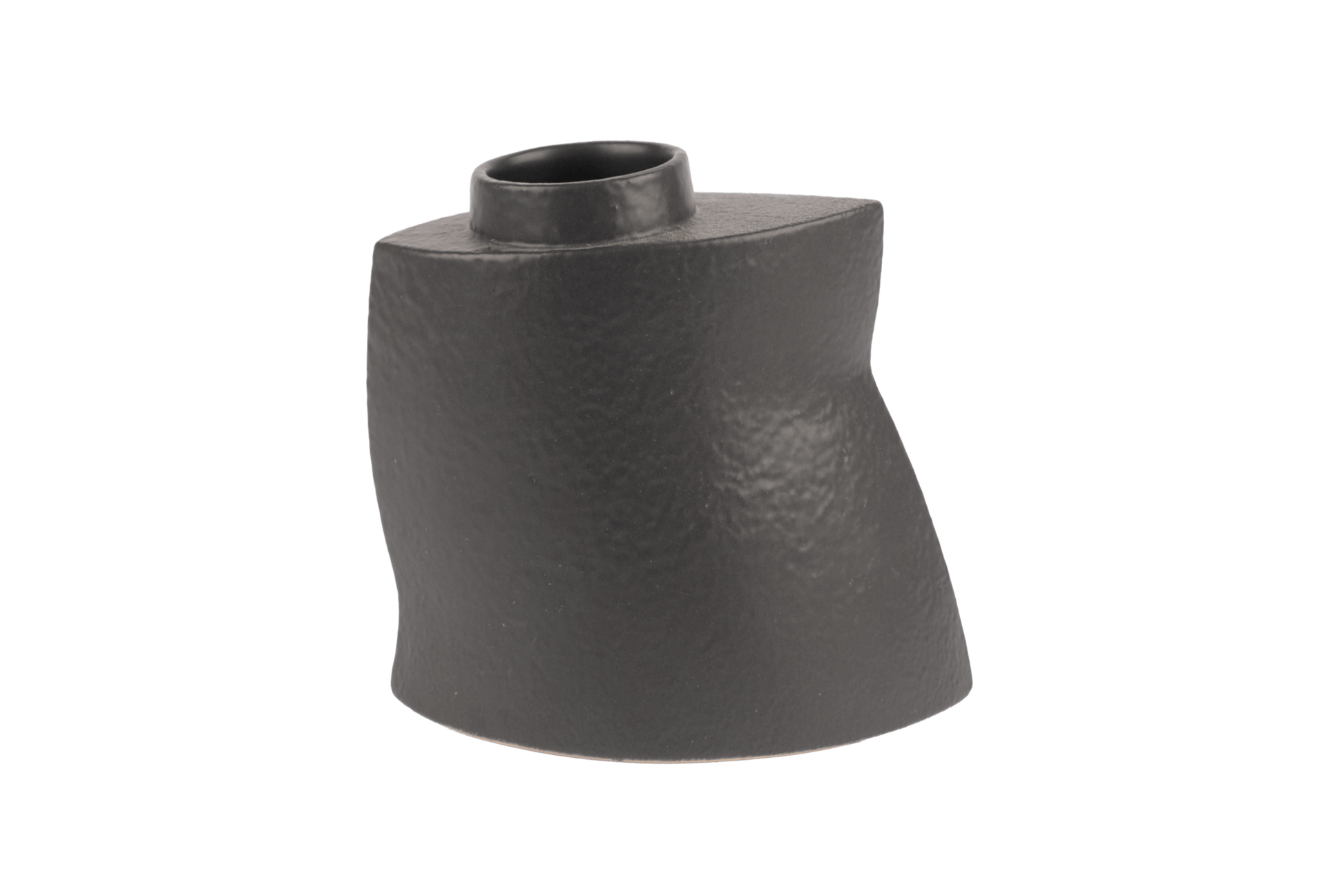 Asymmetrical sculptural black stoneware vase with matte charcoal glaze and gently faceted silhouette on white background