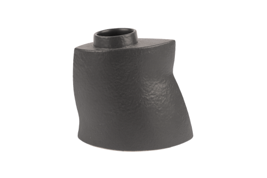 Asymmetrical sculptural black stoneware vase with matte charcoal glaze and gently faceted silhouette on white background