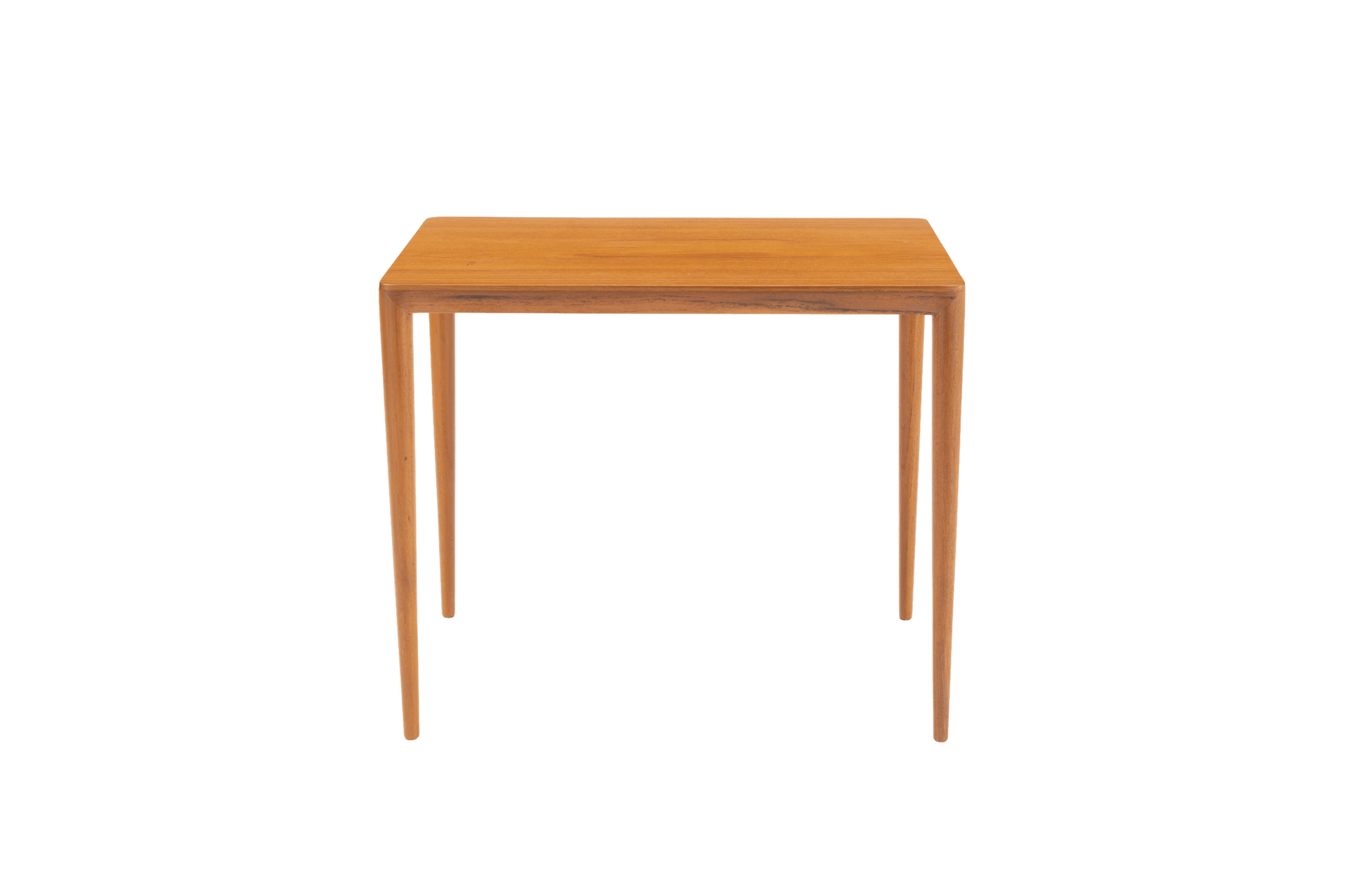 Mid-century modern teak side table in the manner of Severin Hansen with beveled edges and tapered round legs.