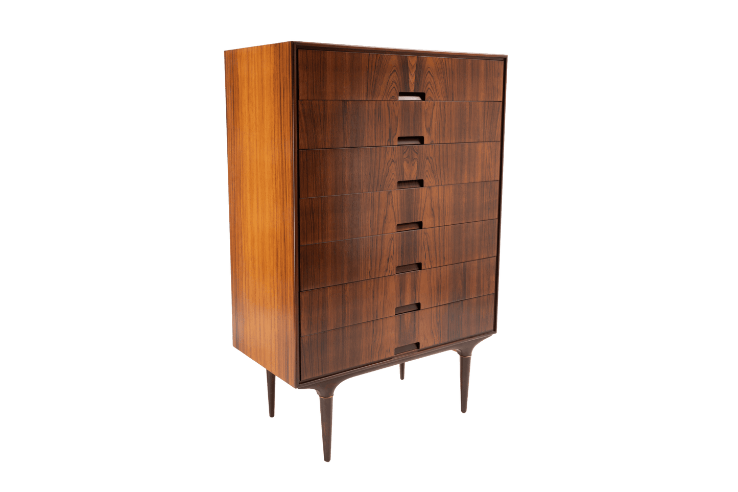 Mid-century modern rosewood dresser by Svante Skogh with bookmatched panels and brass-accented tapered legs