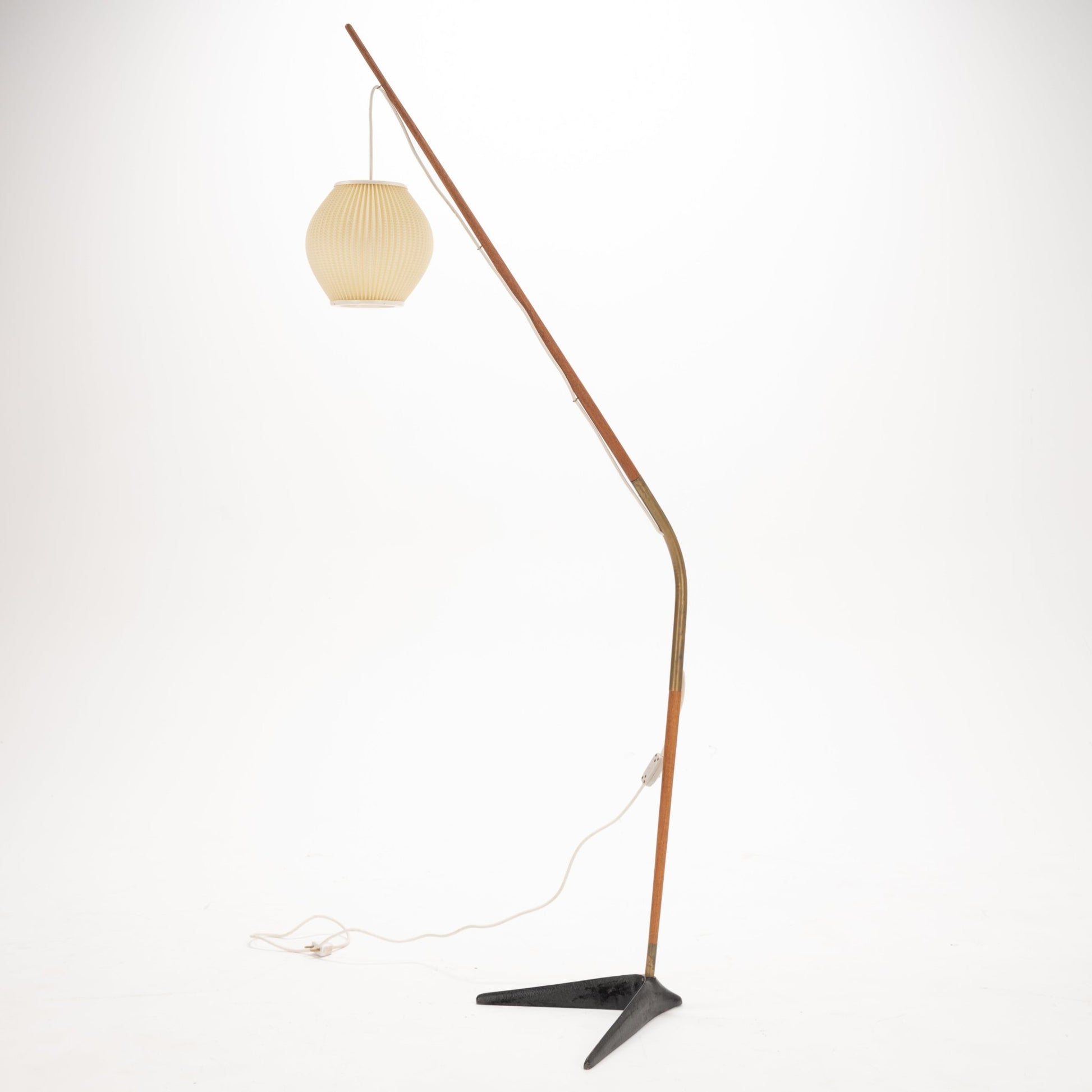 Svend Aage Holm Sorensen Floor Lamp with a slim wooden arm arching over a black metal base and a textured cream glass shade, inspired by mid century modern lighting design.