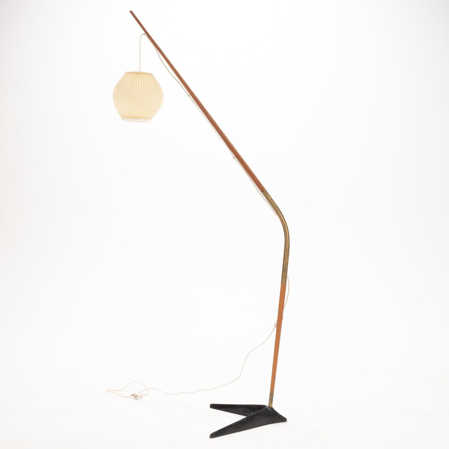 Svend Aage Holm Sorensen Floor Lamp with a delicate wooden arm extending over a black metal base, featuring a softly pleated cream paper lantern shade, reflecting mid century modern lighting design.