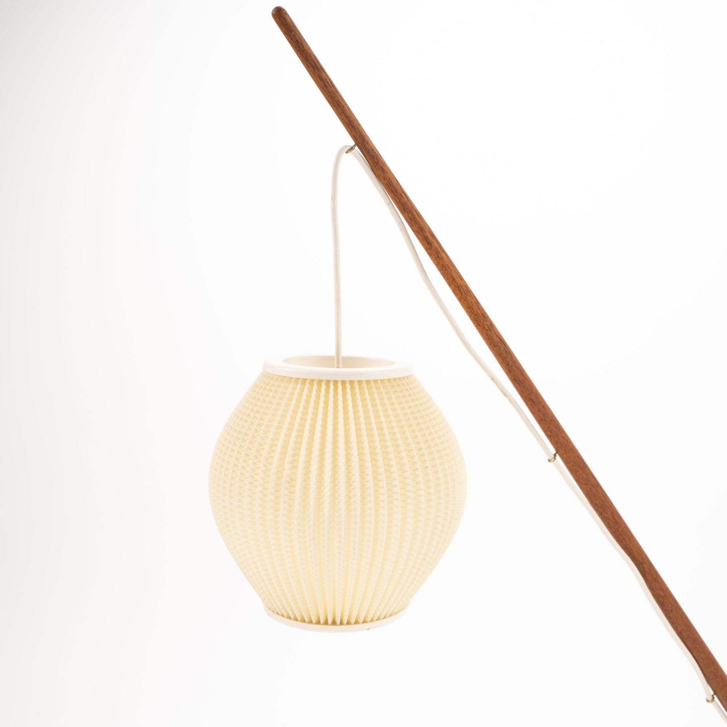 Svend Aage Holm Sorensen Floor Lamp with an angled wooden arm suspending a textured cream paper lantern shade, showcasing vintage Danish mid century modern lighting design.