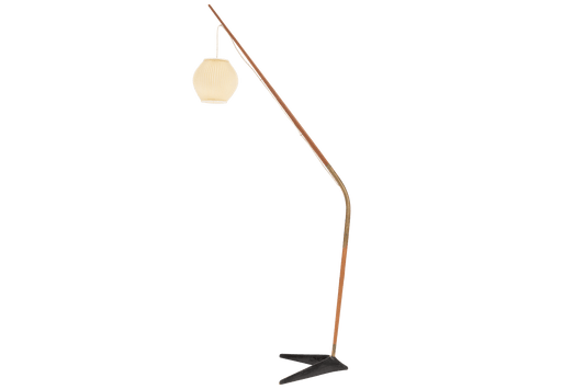 Svend Aage Holm Sorensen Floor Lamp featuring a slender wooden arm extending over a black metal tripod base with a ribbed cream-colored glass shade, embodying mid century modern lighting design.