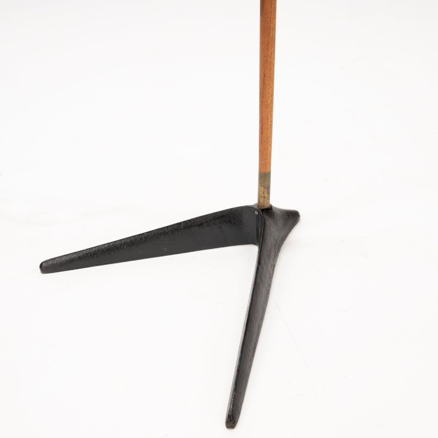 Svend Aage Holm Sorensen Floor Lamp featuring a minimalist black metal tripod base with slender pointed legs supporting a tall wooden pole, exemplifying mid century modern lighting design.