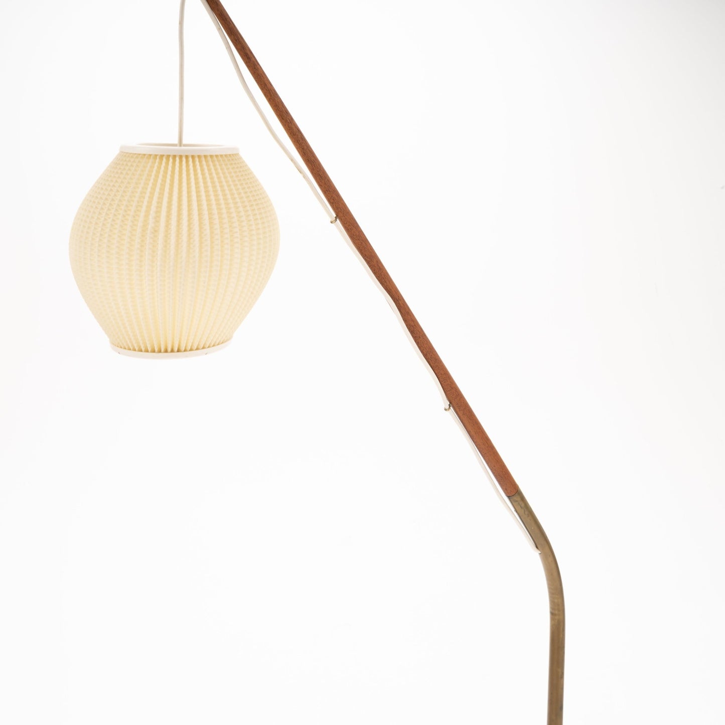 Svend Aage Holm Sorensen Floor Lamp with a long, angled wooden arm supporting a textured cream paper lantern shade, exemplifying vintage Danish mid century modern lighting design.