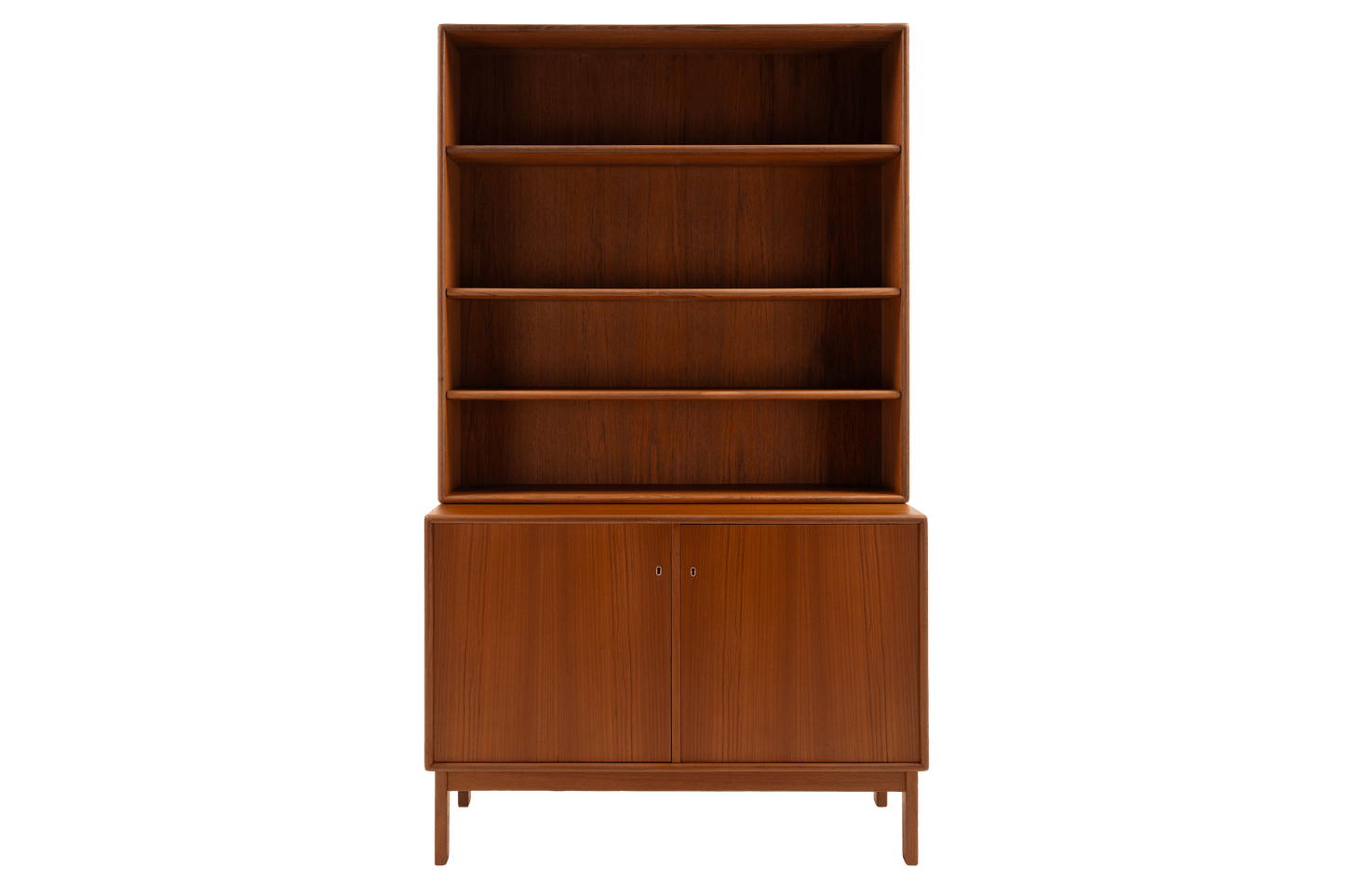 Swedish Teak Cabinet & Bookcase - Set 1 featuring a tall, warm-toned teak frame with open shelving above and closed storage below, showcasing elegant mid century modern design.