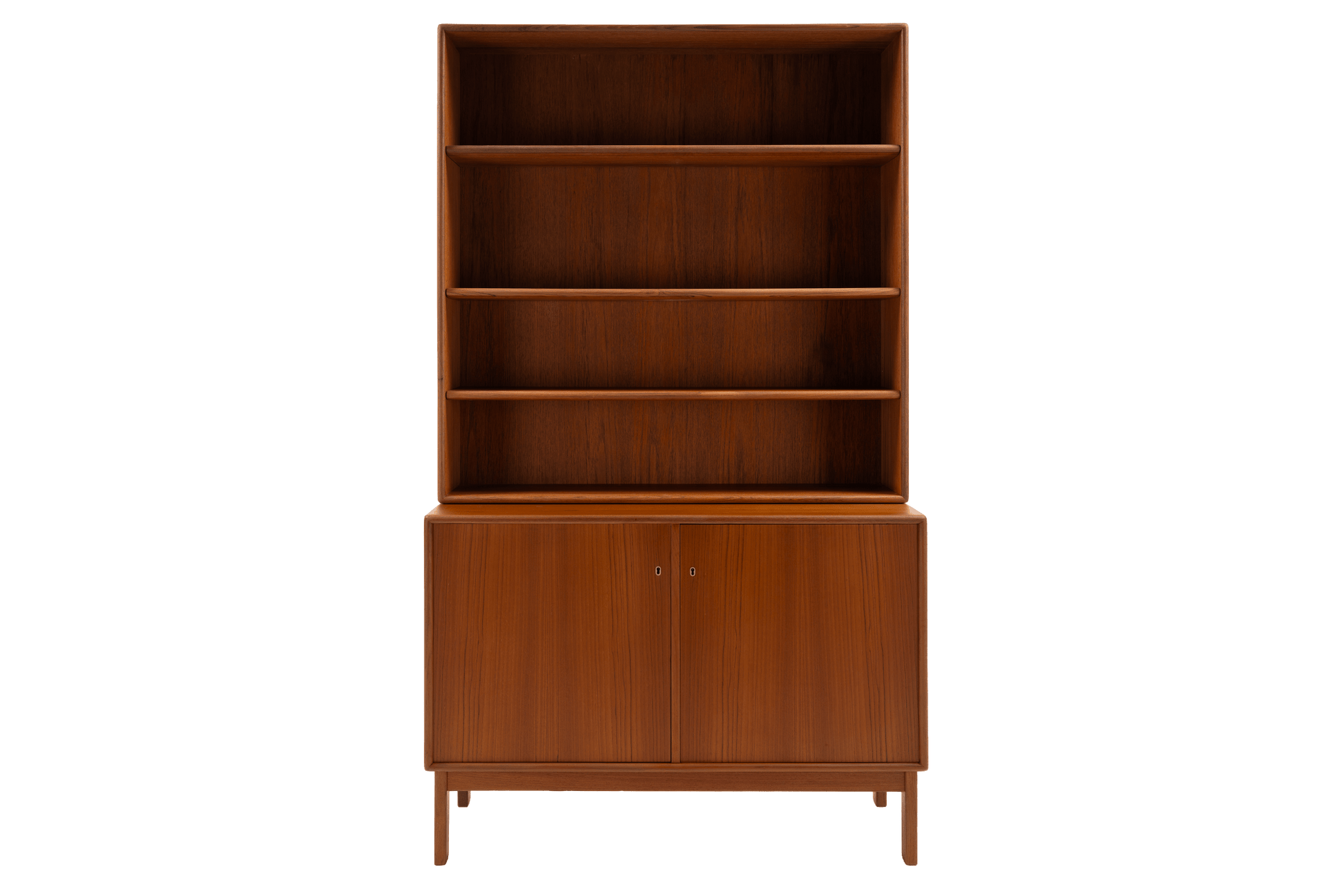 Swedish Teak Cabinet & Bookcase - Set 1 featuring a tall, warm-toned teak frame with open shelving above and closed storage below, showcasing elegant mid century modern design.