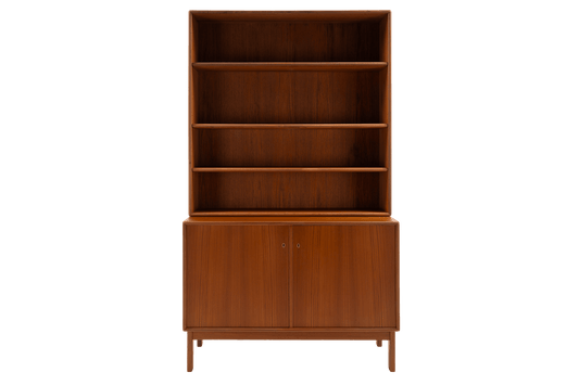 Swedish Teak Cabinet & Bookcase - Set 1 featuring a tall, warm-toned teak frame with open shelving above and closed storage below, showcasing elegant mid century modern design.