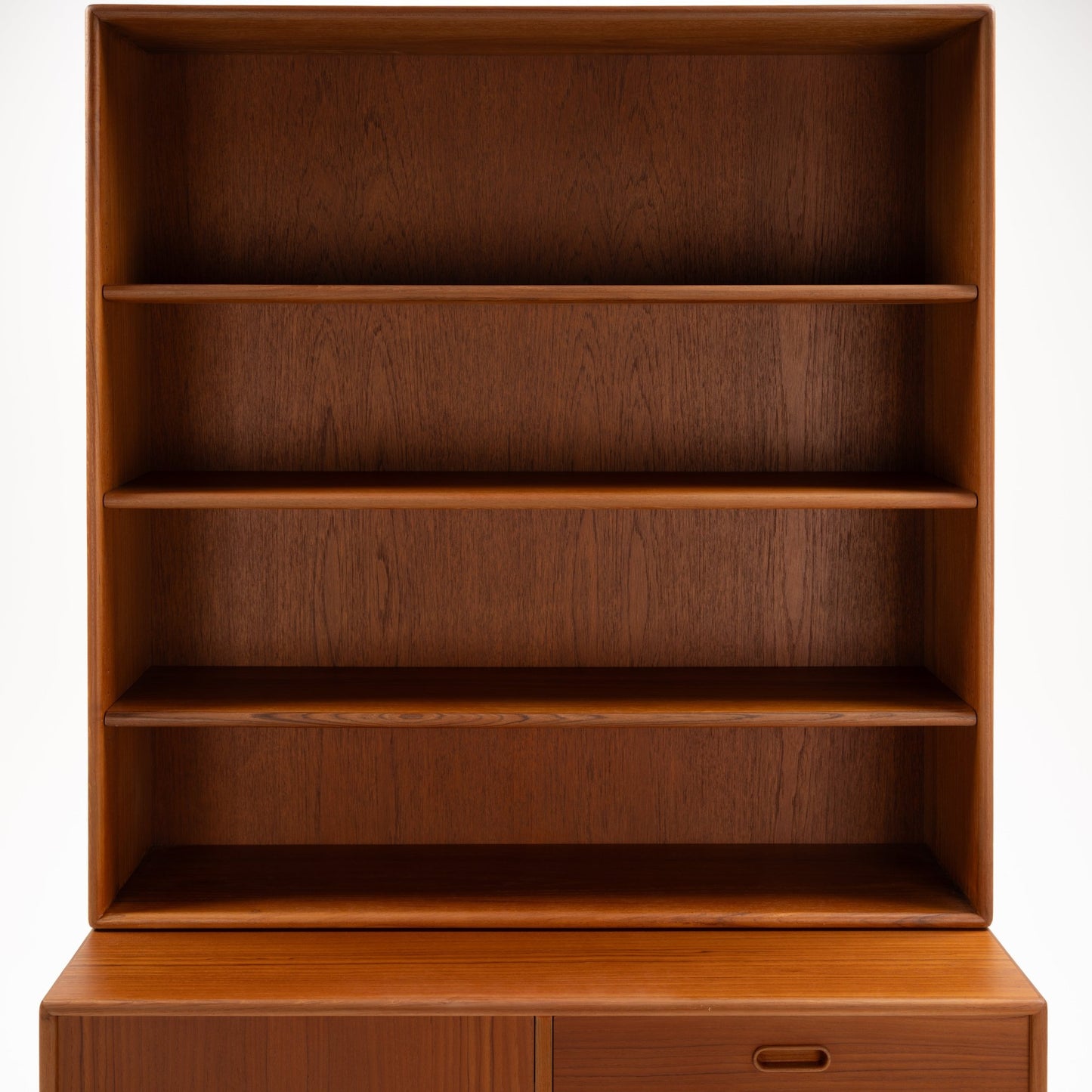 Swedish Teak Cabinet & Bookcase - Set 2 featuring a minimalist upper shelving unit with three spacious shelves crafted from warm teak wood, emphasizing mid century modern style and clean lines.