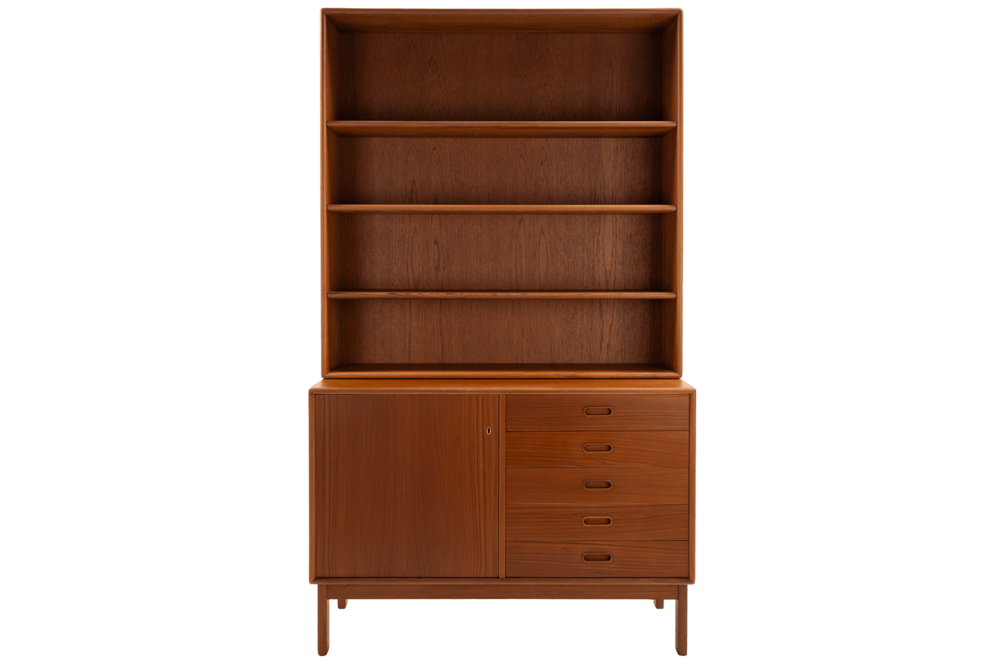 Swedish Teak Cabinet & Bookcase - Set 2 featuring a sleek storage unit with open shelves above and multiple drawers and a door below, showcasing warm teak wood and mid century modern design.