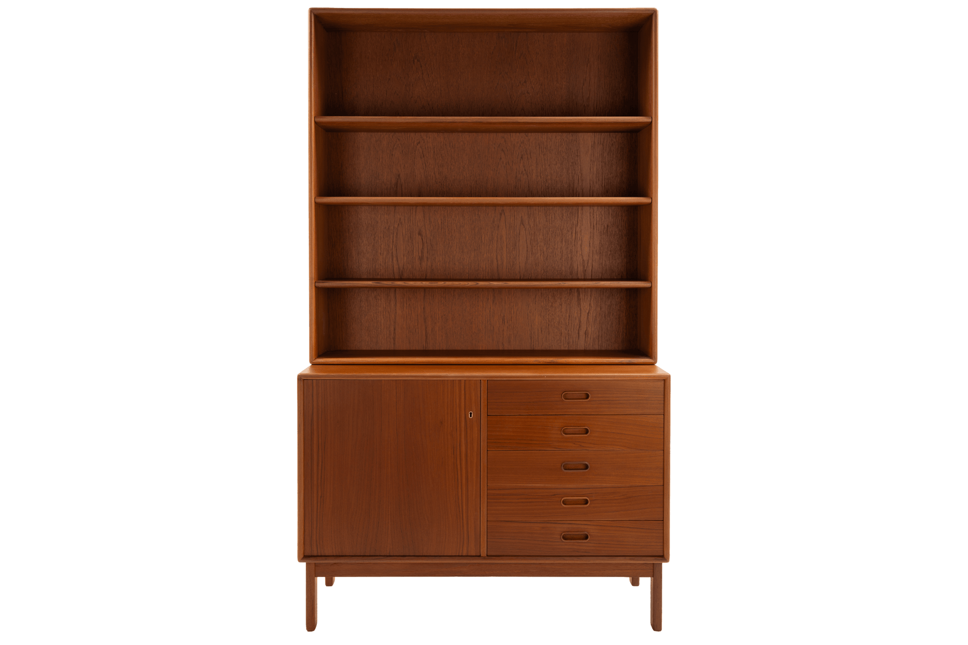 Swedish Teak Cabinet & Bookcase - Set 2 featuring a sleek storage unit with open shelves above and multiple drawers and a door below, showcasing warm teak wood and mid century modern design.