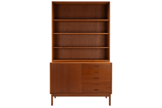 Swedish Teak Cabinet & Bookcase - Set 2 featuring a sleek storage unit with open shelves above and multiple drawers and a door below, showcasing warm teak wood and mid century modern design.