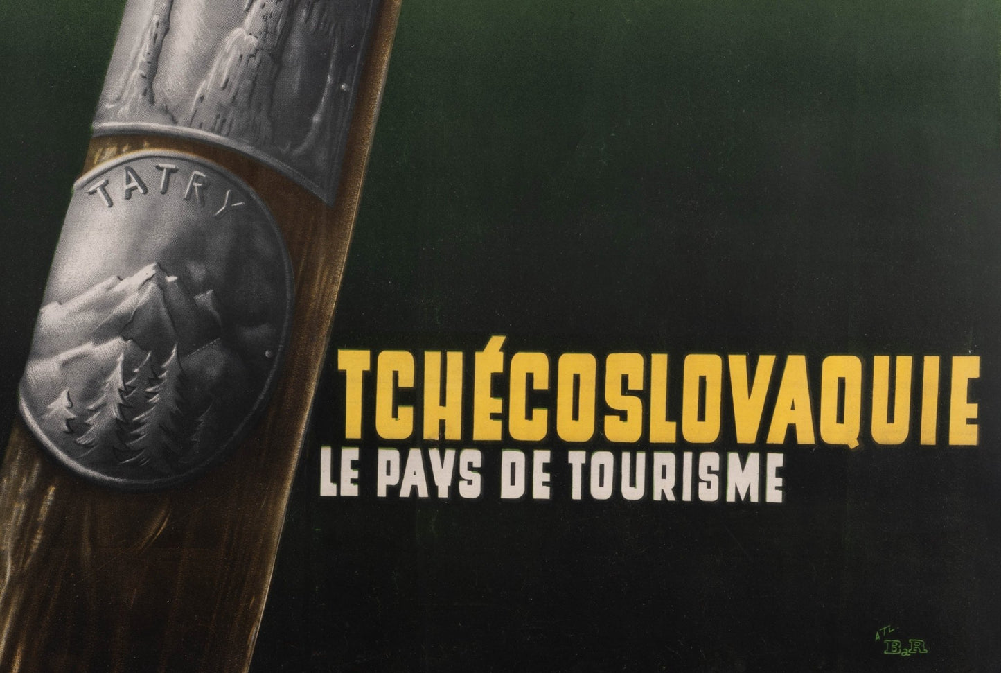 Vintage Tchecoslovaquie travel poster with bold yellow typography and illustration of wooden ski with metal emblem