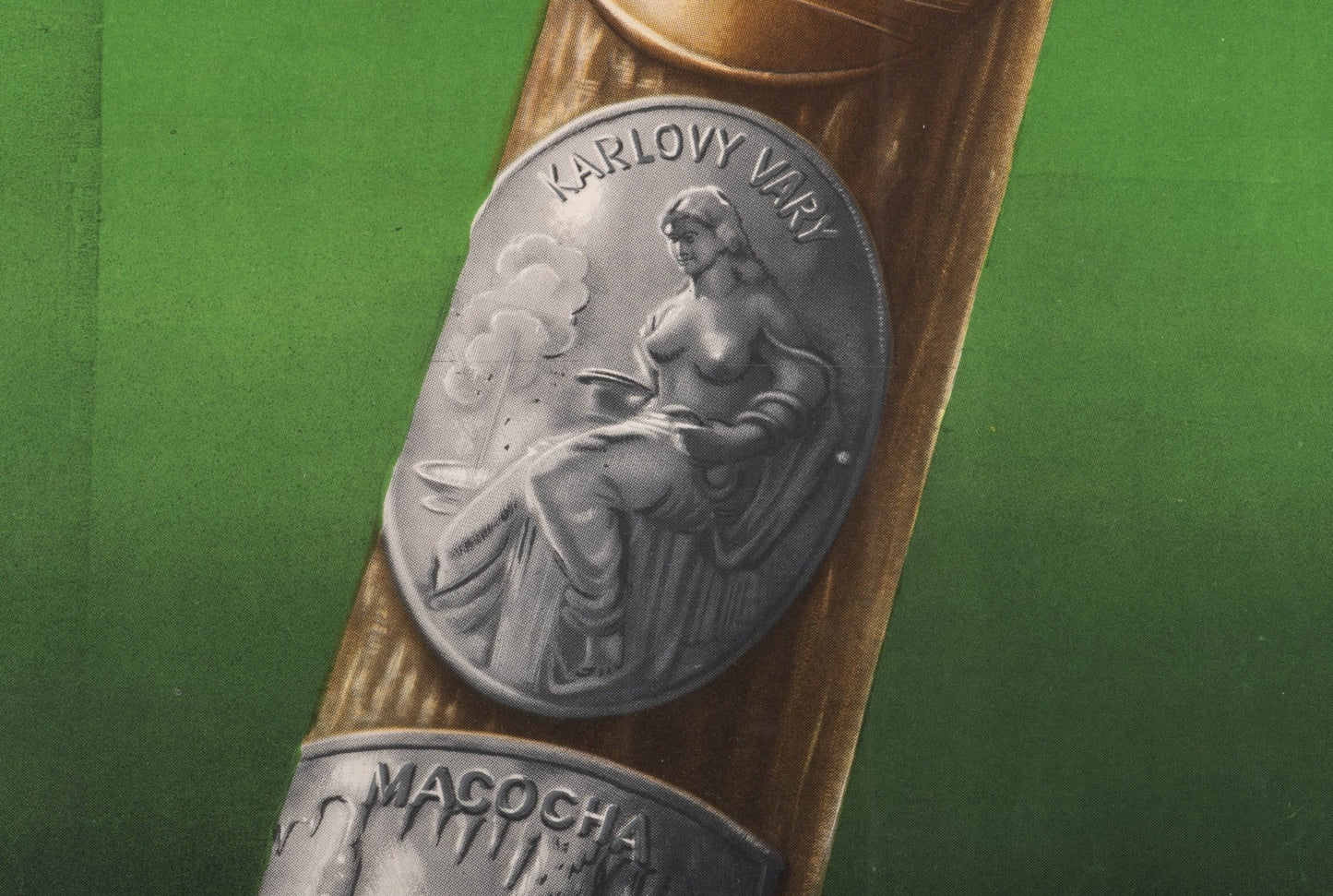 Close-up of restored linen-backed framed Tchecoslovaquie travel poster featuring Karlovy Vary medal detail
