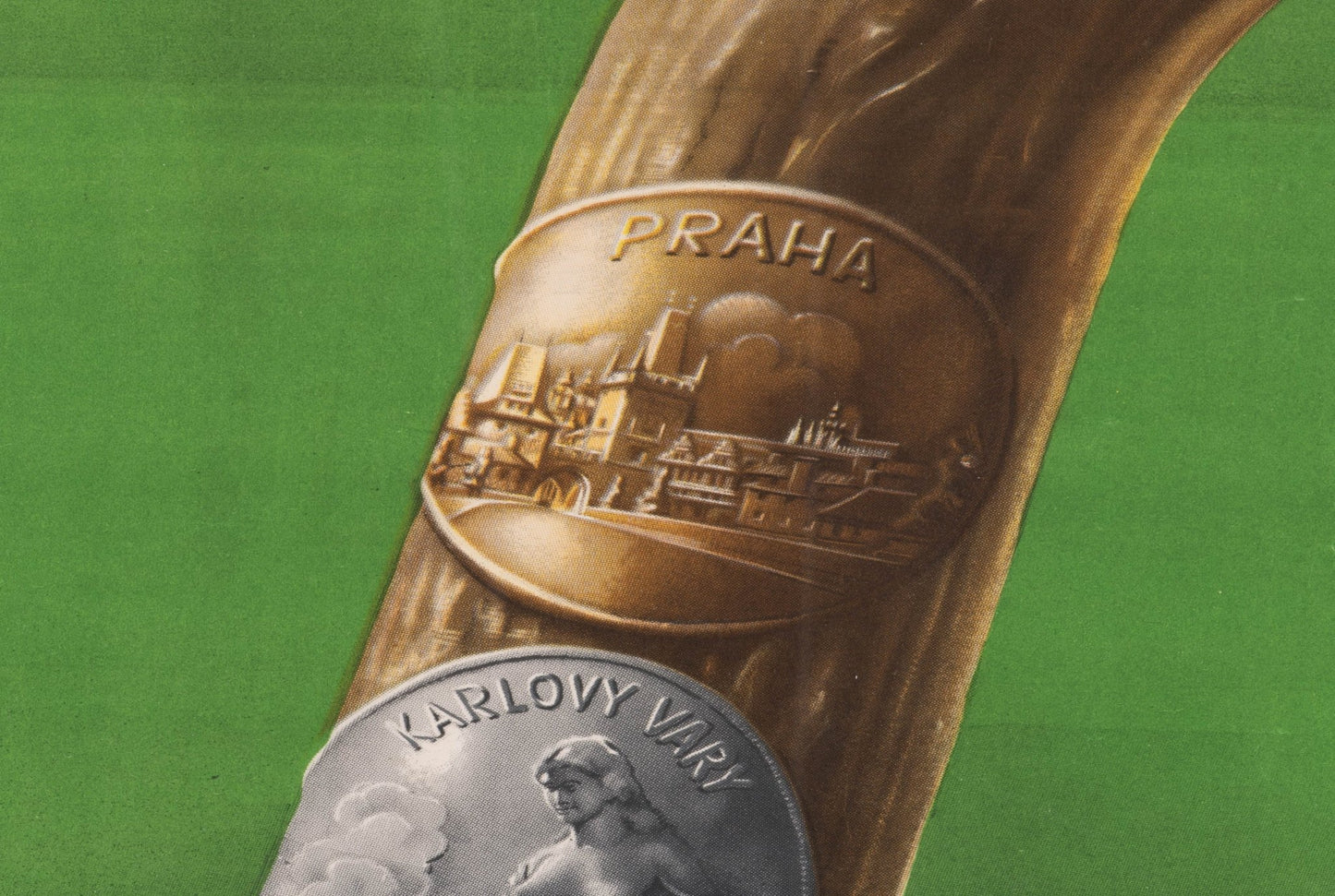 Vintage Tchecoslovaquie travel poster detail with embossed plaques of Praha and Karlovy Vary on green background