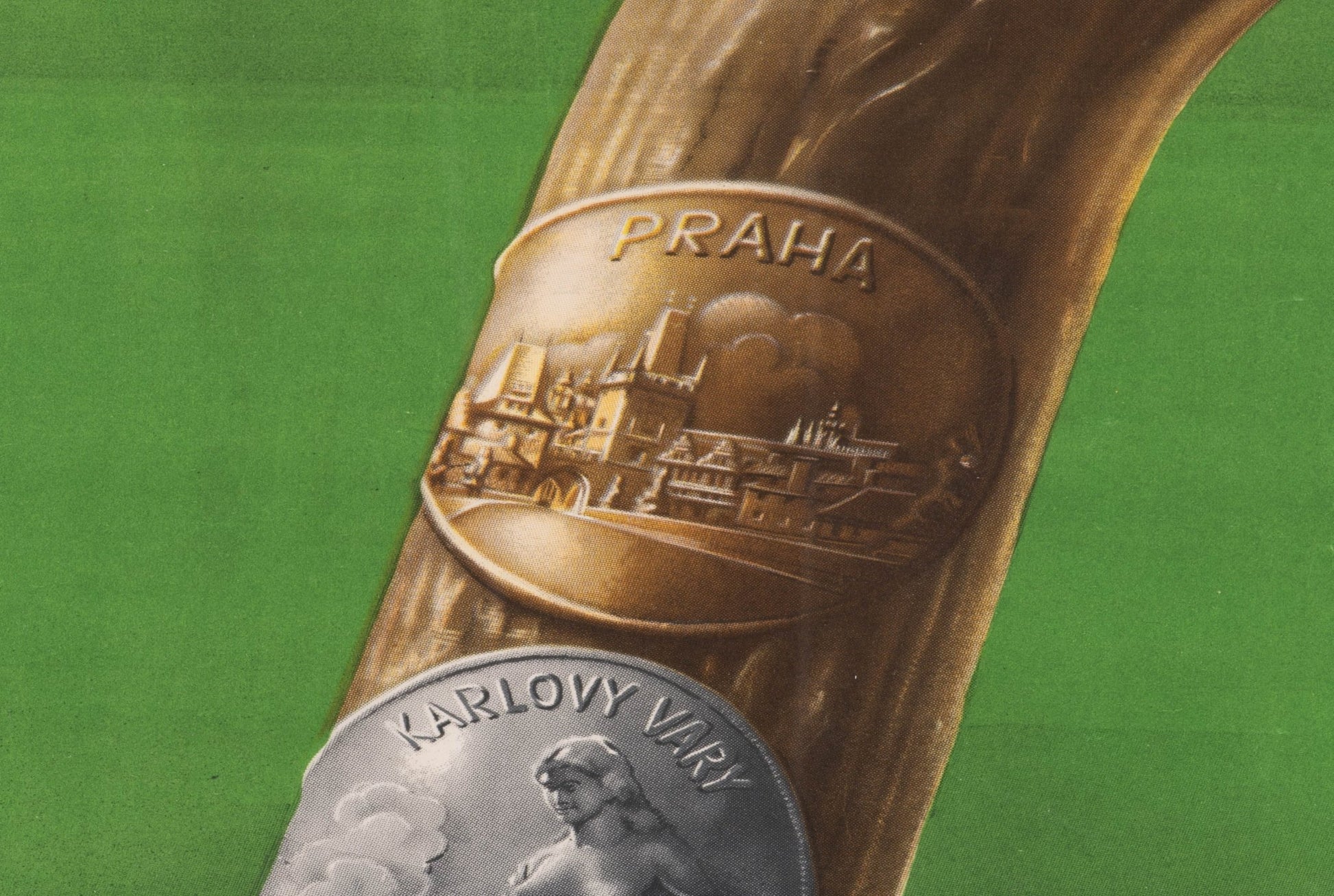 Vintage Tchecoslovaquie travel poster detail with embossed plaques of Praha and Karlovy Vary on green background