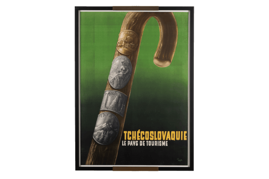 Framed vintage Tchecoslovaquie travel poster with linen backing featuring detailed wooden cane and medals on green background