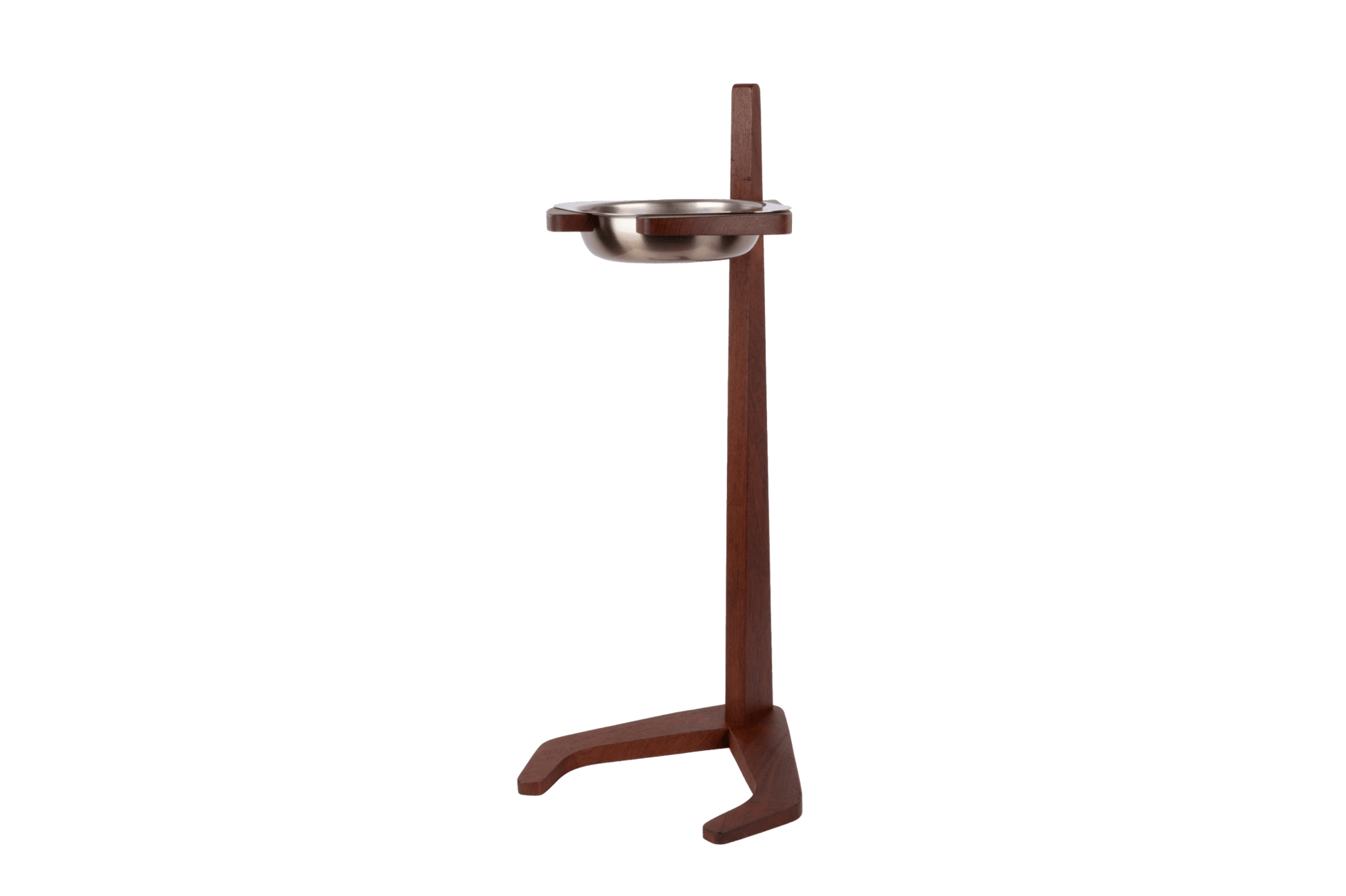 Mid-century teak ashtray stand with tapered stem and stylized base featuring floating metal ashtray bowl.