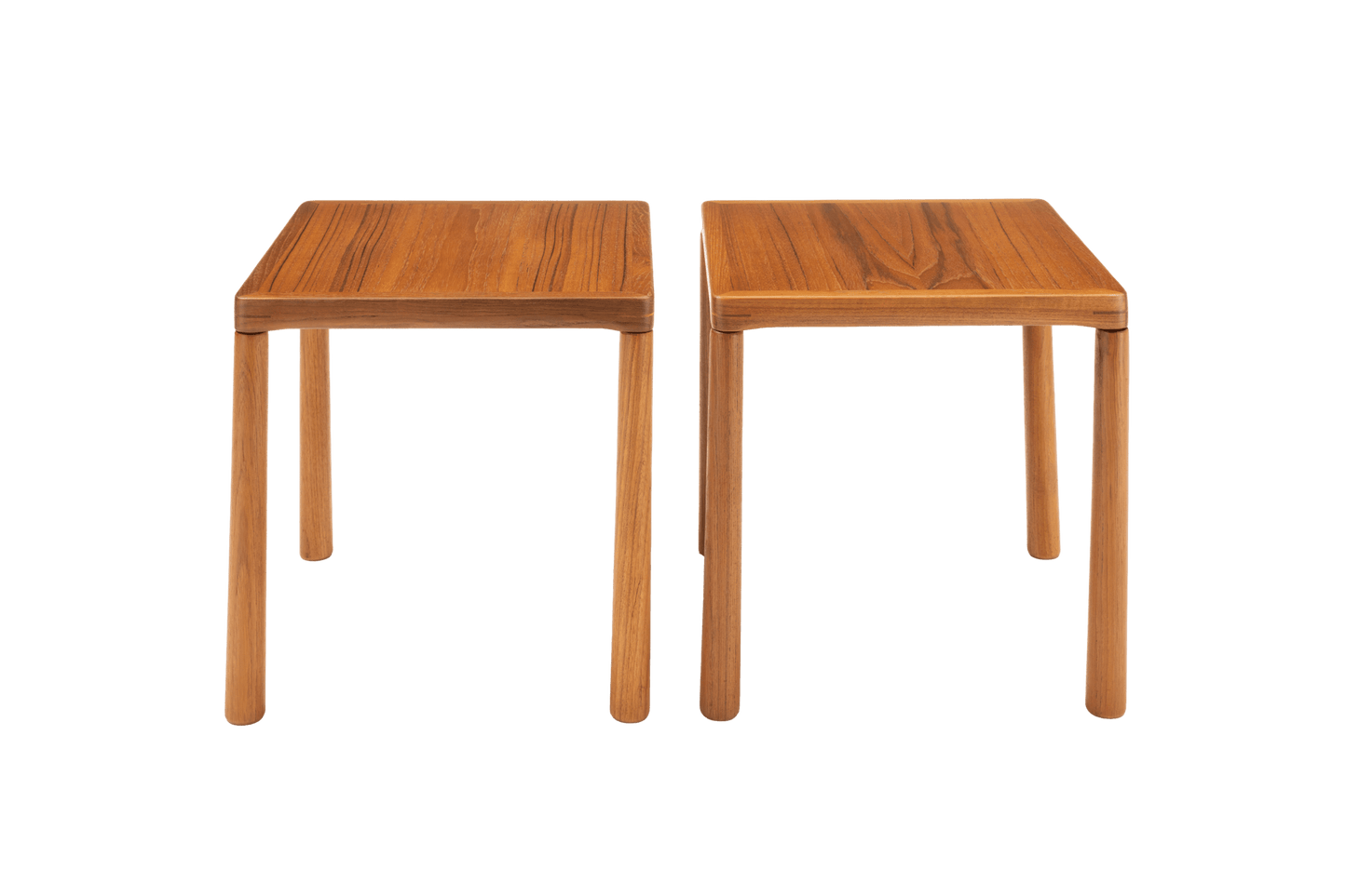 Pair of mid-century teak side tables with oak legs and finger joint details on top corners, Scandinavian design.
