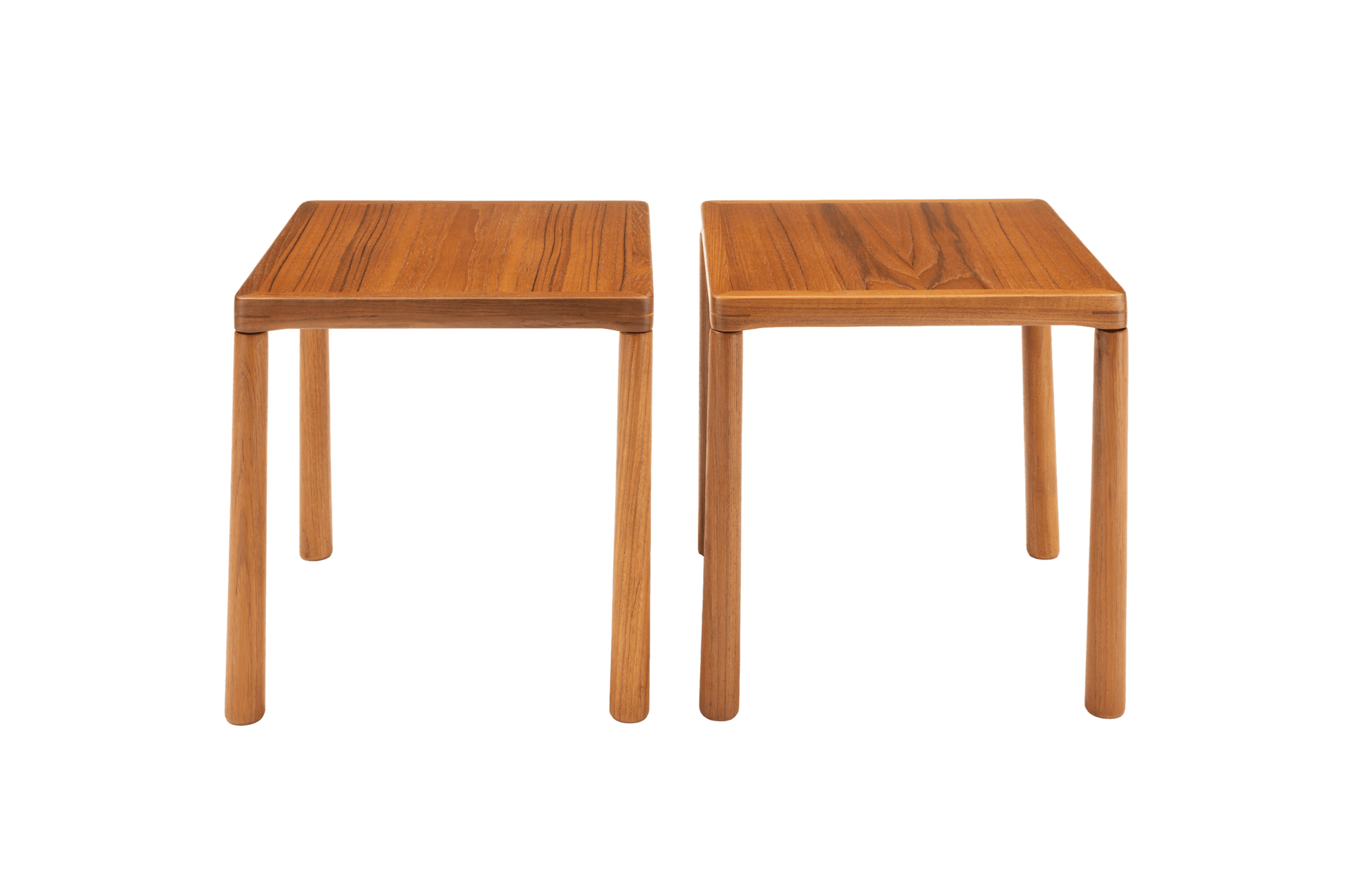 Pair of mid-century teak side tables with oak legs and finger joint details on top corners, Scandinavian design.