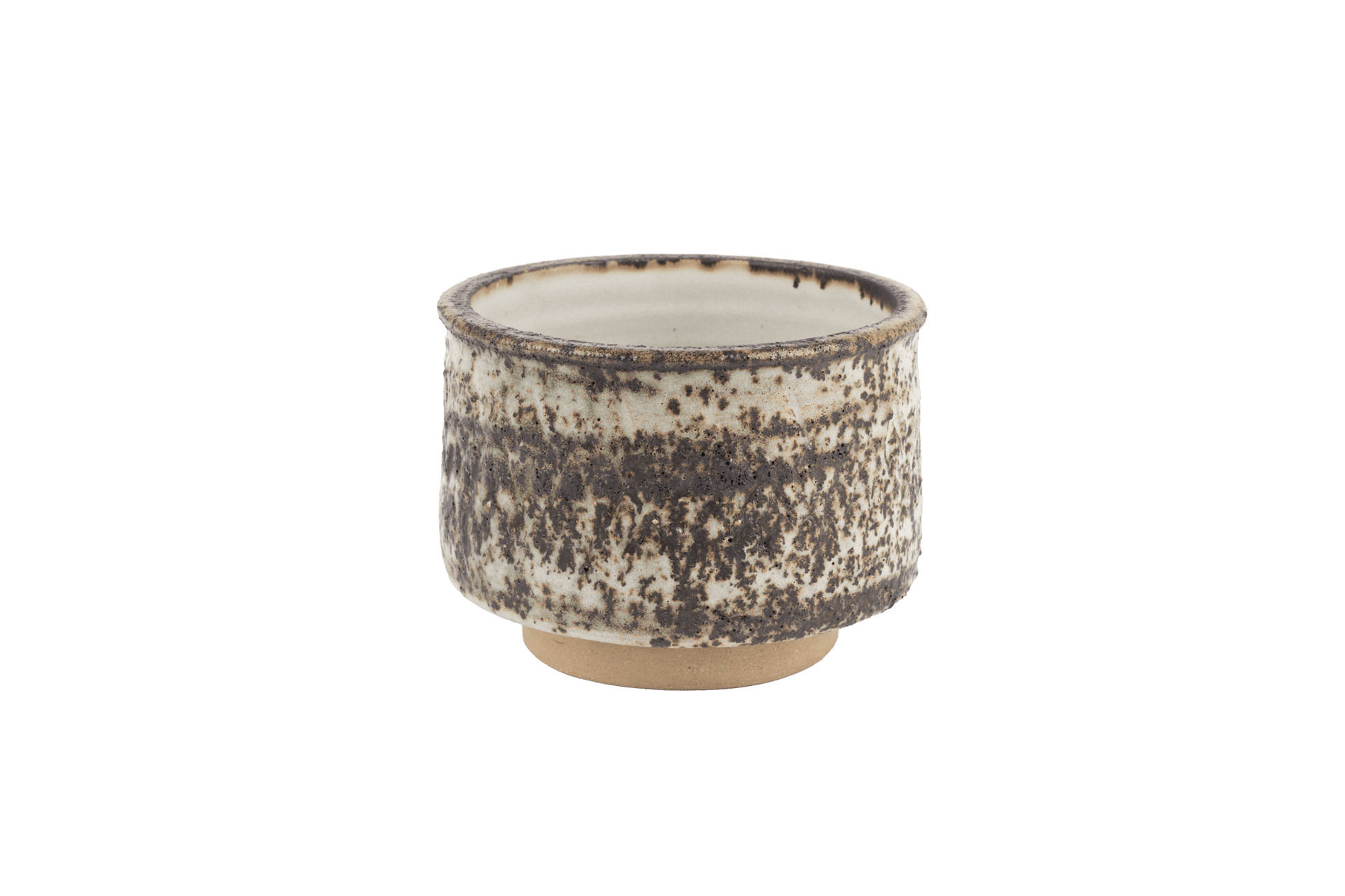 Tessa Kidick studio pottery bowl with low cylindrical form and mottled glaze in ivory, charcoal, and earthy brown tones