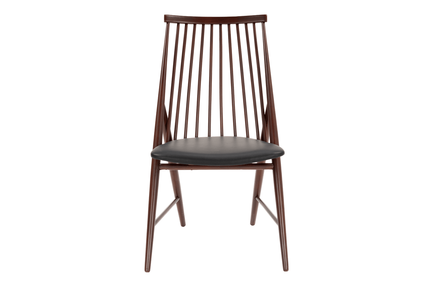 Front view of wooden chair with vertical slat backrest and black cushioned seat in dark brown finish