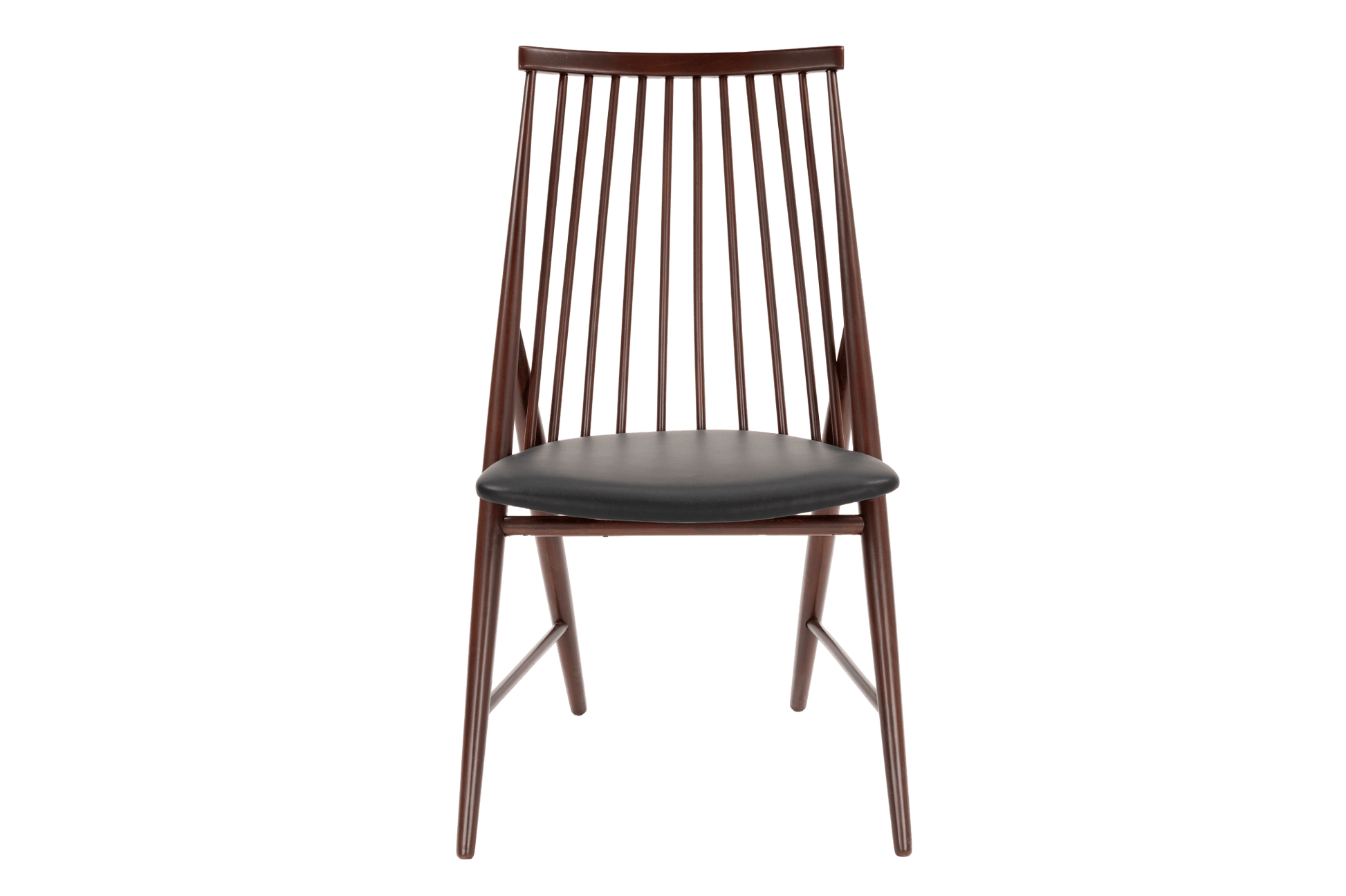Front view of wooden chair with vertical slat backrest and black cushioned seat in dark brown finish