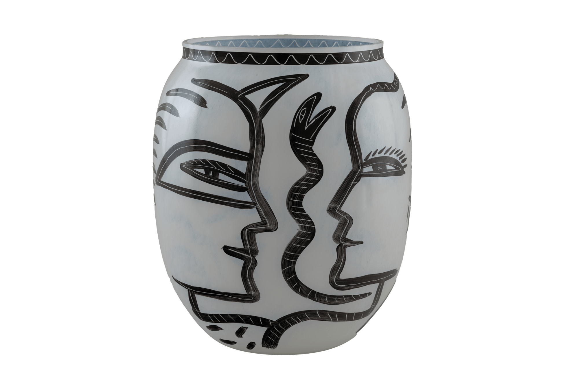 Ulrica Hydman-Vallien "Caramba" vase for Kosta Boda featuring black hand-painted faces, serpent, and flora motifs