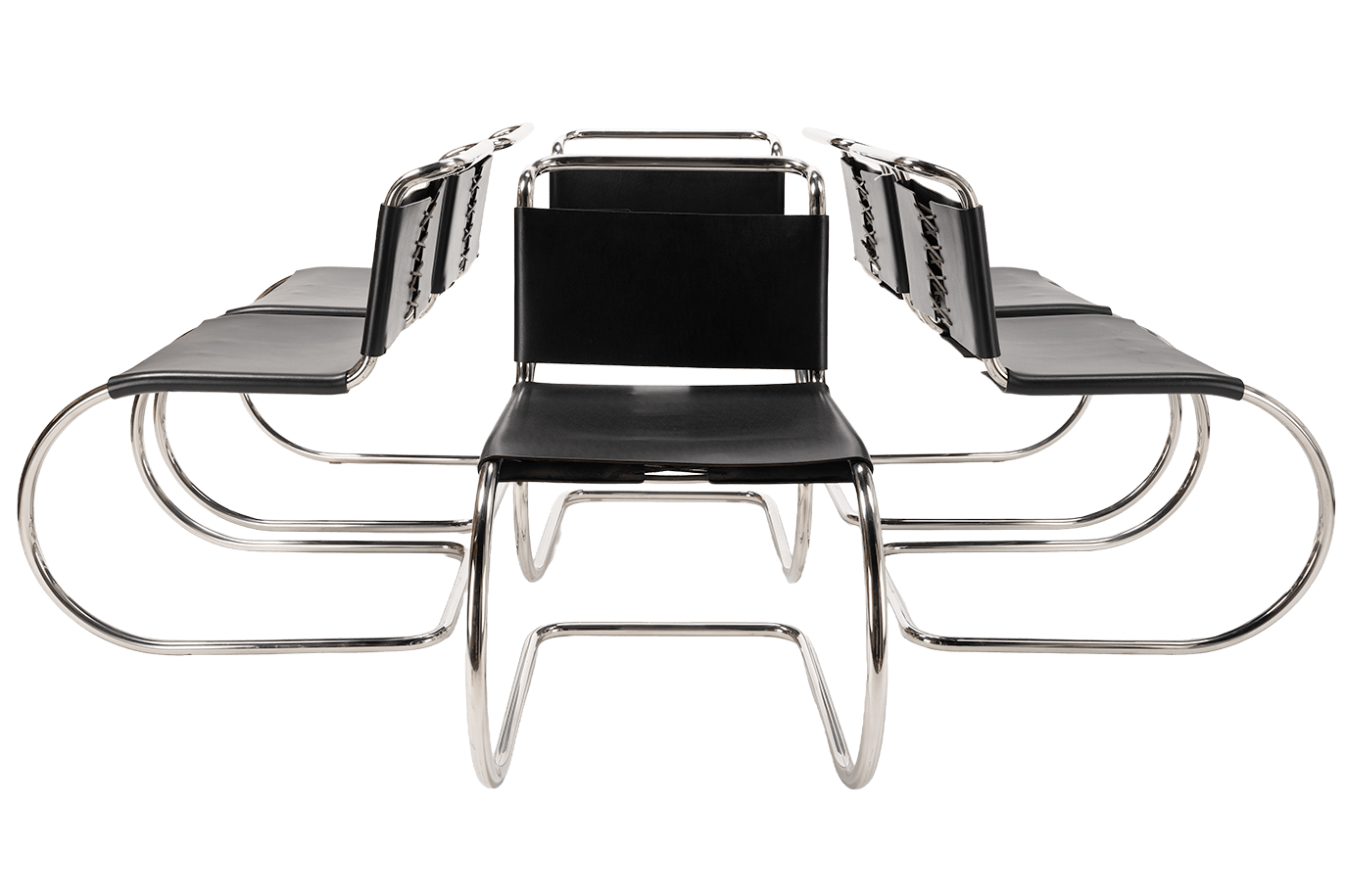 Set of six Ludwig Mies van der Rohe MR10 cantilever chairs, polished chrome tubular frames and black leather seats and backs