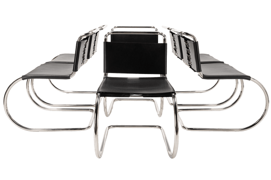Set of six Ludwig Mies van der Rohe MR10 cantilever chairs, polished chrome tubular frames and black leather seats and backs