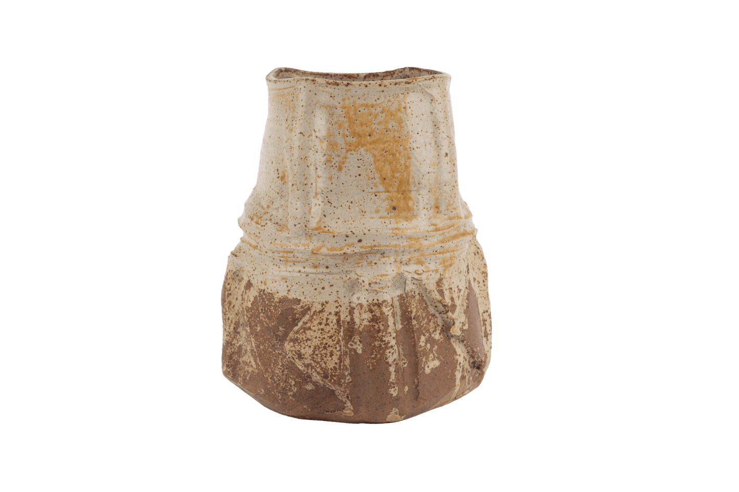 Wabi-sabi inspired studio pottery vase with irregular shape and textured brown and beige speckled glaze on white background
