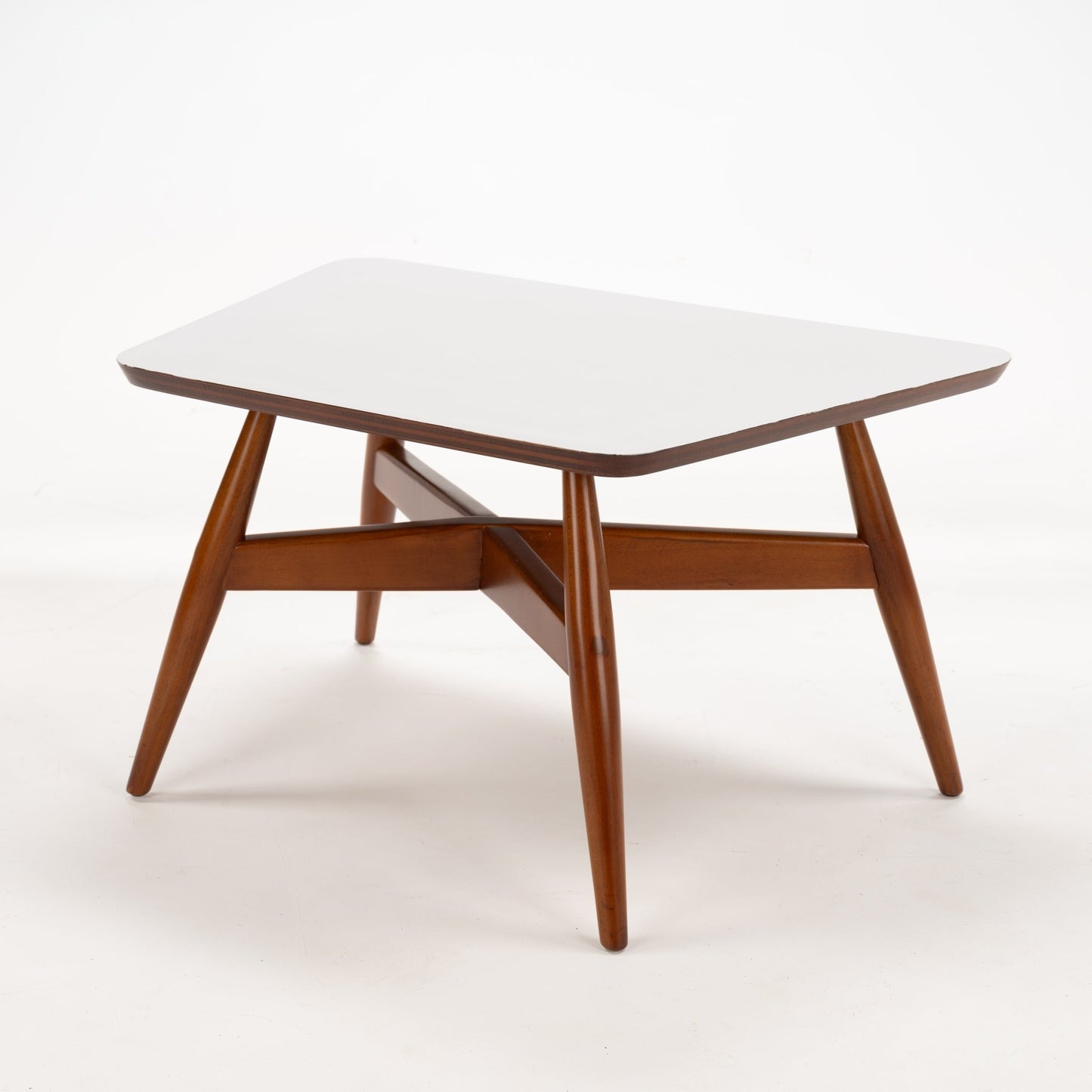 Walnut Side Table with Laminate Top featuring a white rectangular surface supported by warm walnut angled legs connected with crossbeam braces, evoking mid century modern furniture design.
