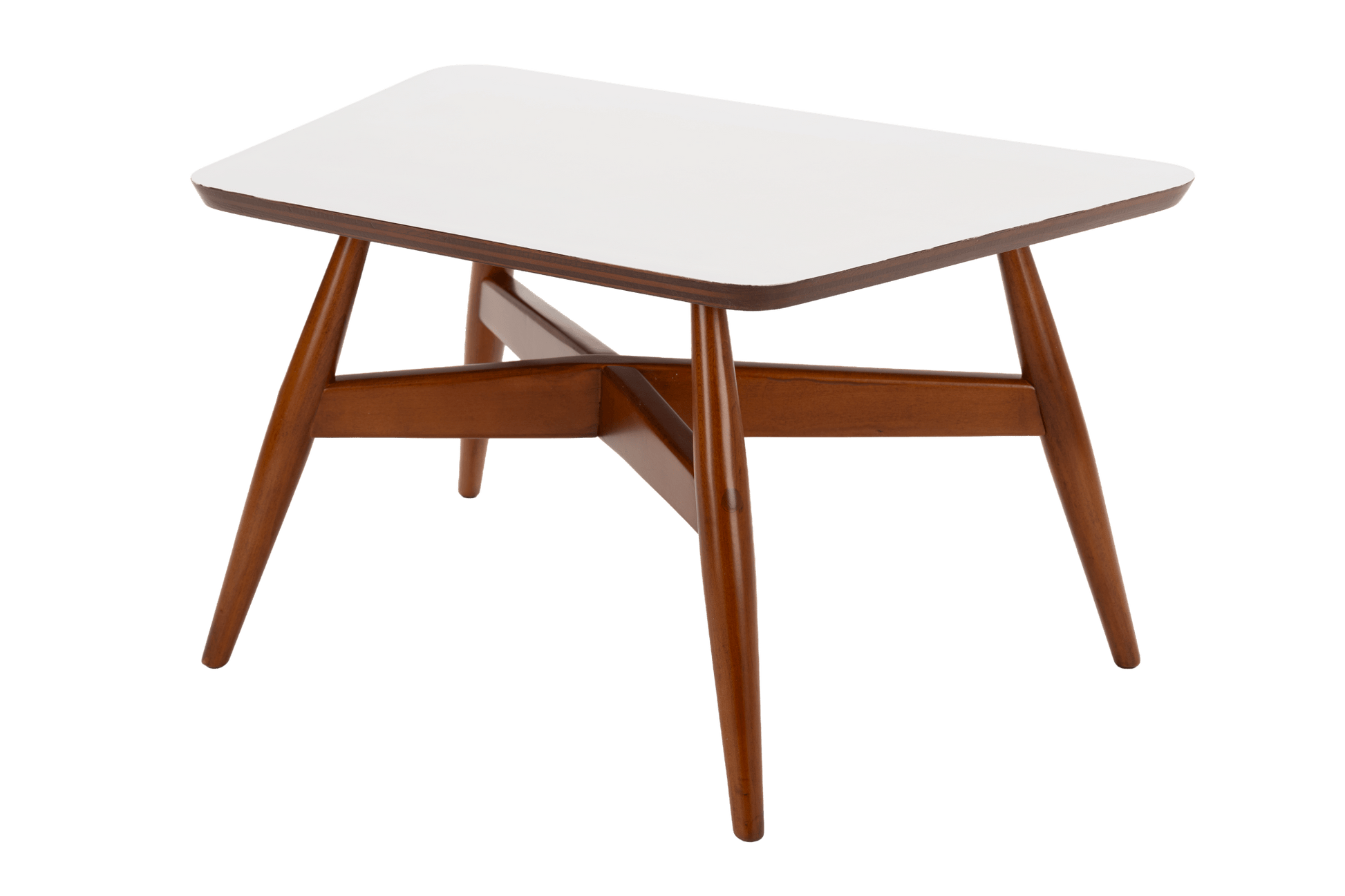 Walnut Side Table with Laminate Top featuring a sleek white rectangular surface, gently tapered mid century modern walnut legs, and clean lines ideal for vintage Danish inspired seating or tables.