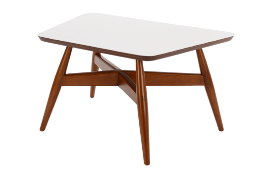 Walnut Side Table with Laminate Top featuring a sleek white rectangular surface, gently tapered mid century modern walnut legs, and clean lines ideal for vintage Danish inspired seating or tables.
