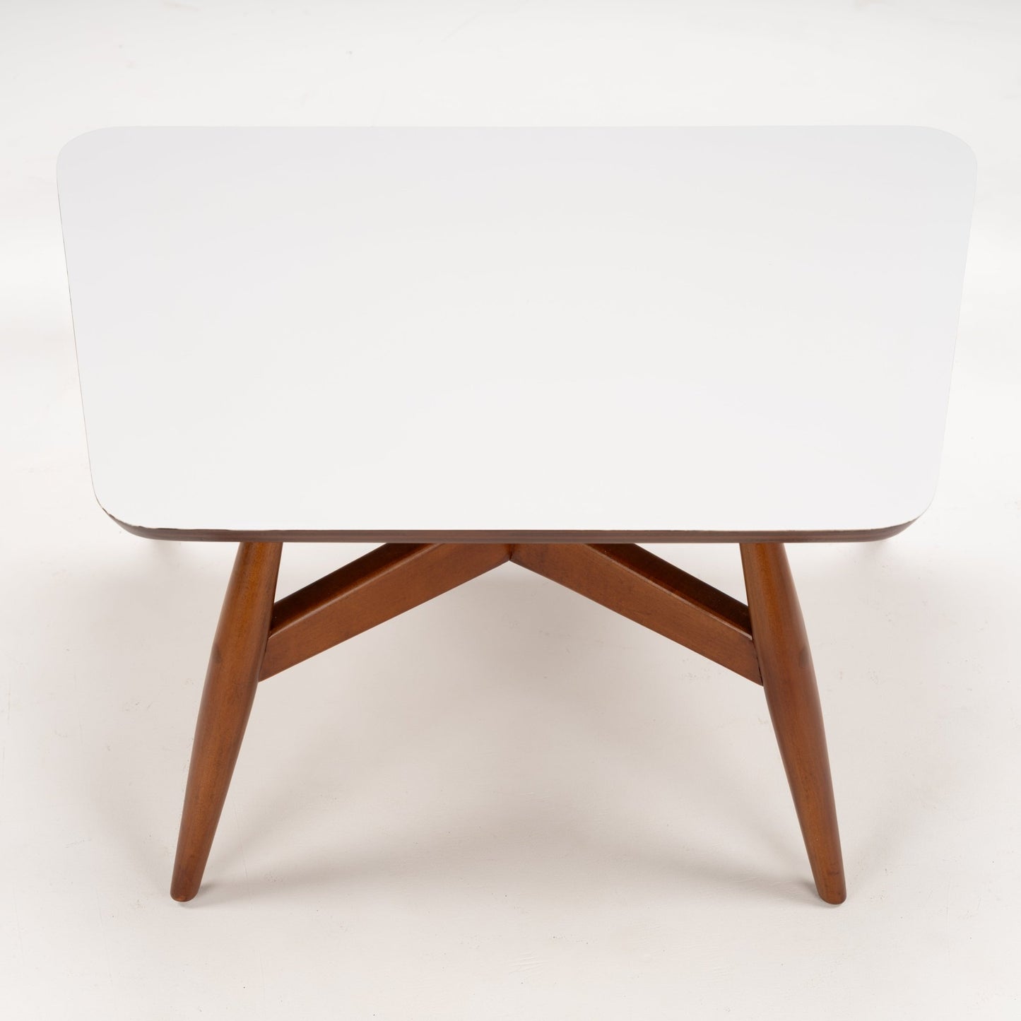 Walnut Side Table with Laminate Top featuring a smooth white rectangular surface and sturdy warm walnut legs with a sleek crossbeam design, perfect for mid century modern decor.