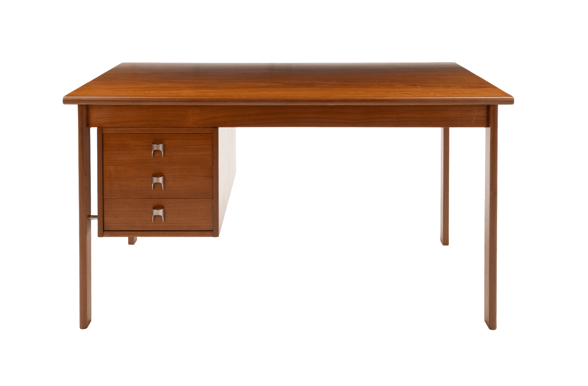 Mid-century modern teak writing desk by Peter Lovig Nielsen with sliding top and three drawers with stainless steel handles.