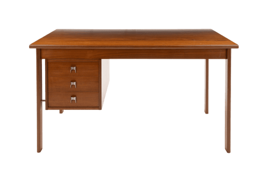 Mid-century modern teak writing desk by Peter Lovig Nielsen with sliding top and three drawers with stainless steel handles.
