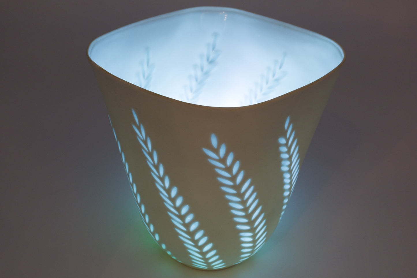 1960s Arabia Friedl Holzer-Kjellberg white rice porcelain vase with hand-cut fern pattern glowing from inside
