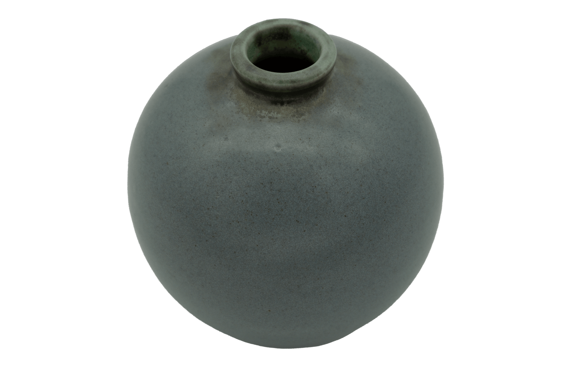Top view of turquoise bubble ball shaped Arthur Rushmore Bottle Hill Studio pottery vase with small black speckles