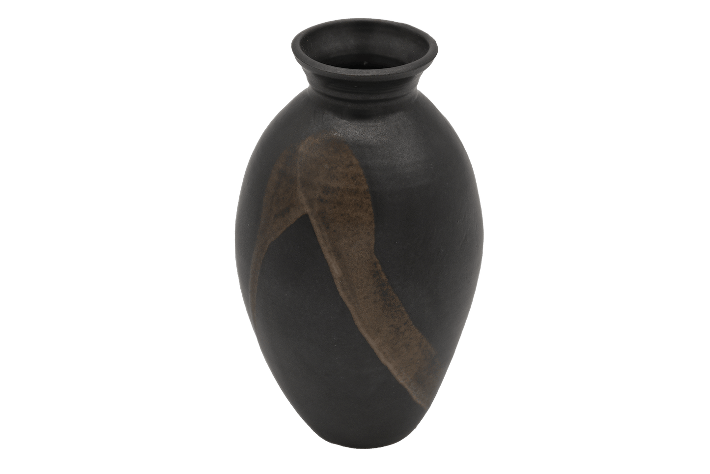 Dark ceramic pottery vase with high choke neck and brush marked semi-transparent strokes over solid glaze