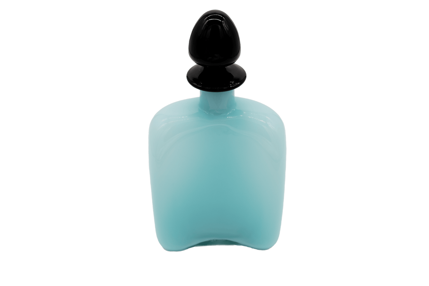 Carlo Moretti Murano glass decanter with black stopper, signed and labeled, minimalist elegant design from Italy.