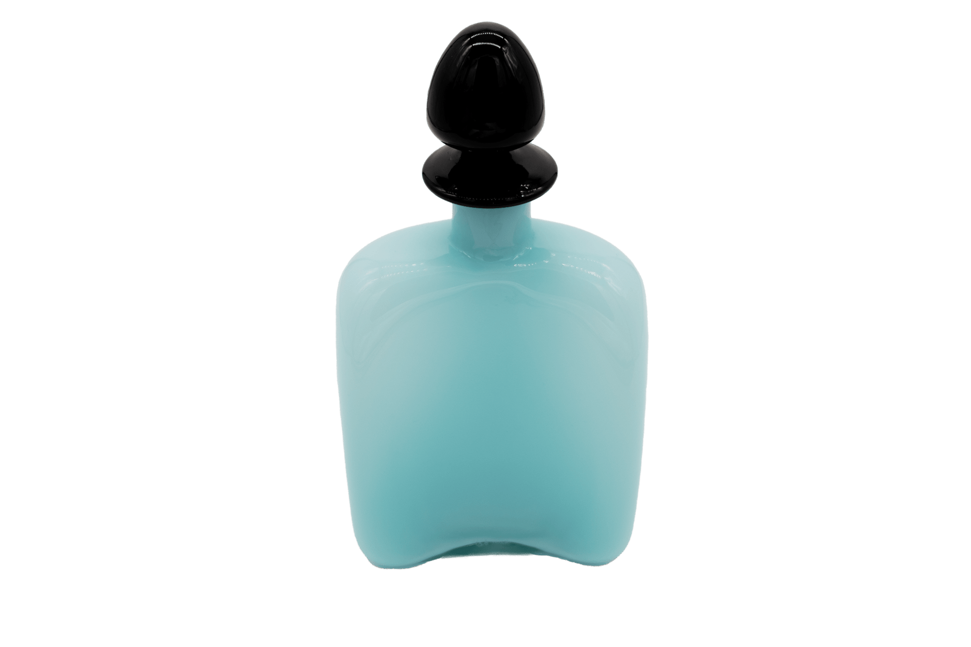 Carlo Moretti Murano glass decanter with black stopper, signed and labeled, minimalist elegant design from Italy.