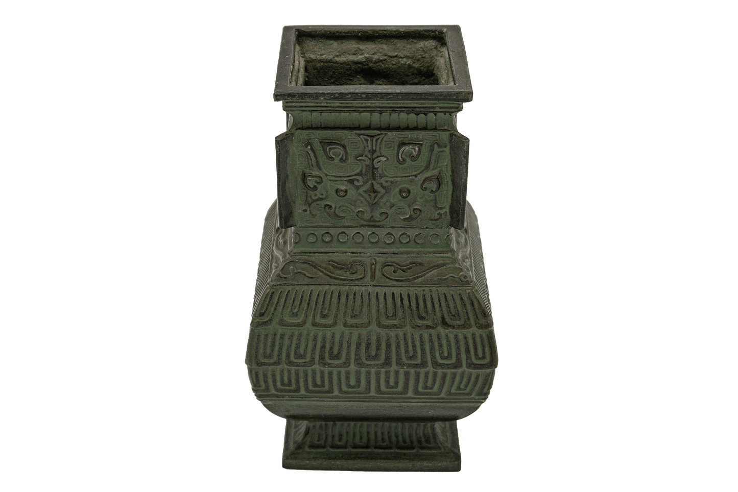 Early 20th century Chinese bronze vase with animal-face motifs and stylized feather patterns on all sides.